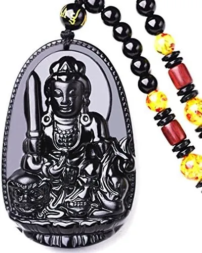 Buddha Pendant Necklace Bodhisattva Amulet Talisman Made of Obsidian Gemstone Women or Men