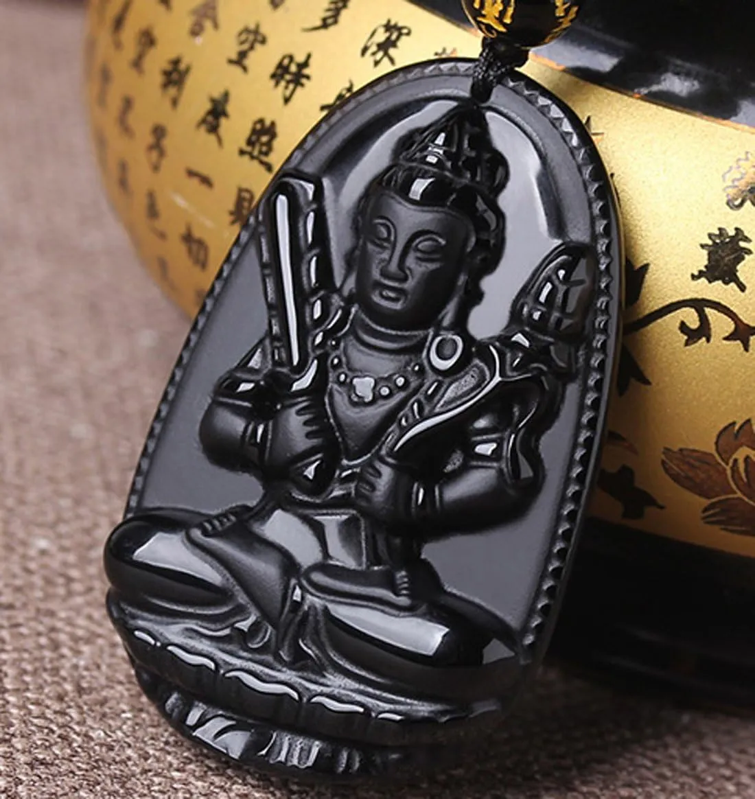 Buddha Pendant Necklace Bodhisattva Amulet Talisman Made of Obsidian Gemstone