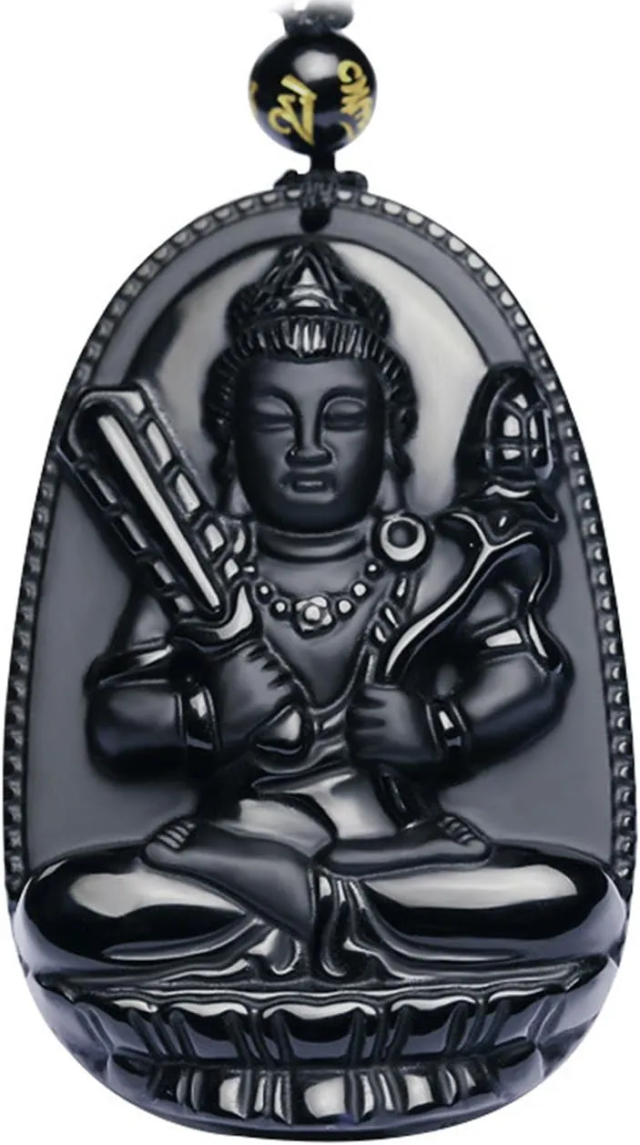 Buddha Pendant Necklace Bodhisattva Amulet Talisman Made of Obsidian Gemstone