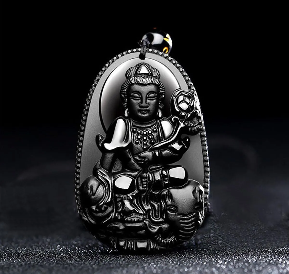 Buddha Pendant Necklace Bodhisattva Amulet Talisman Made of Obsidian Gemstone