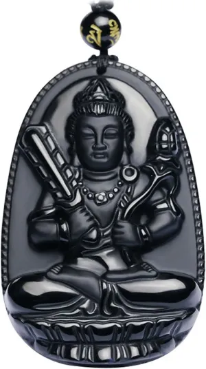 Buddha Pendant Necklace Bodhisattva Amulet Talisman Made of Obsidian Gemstone