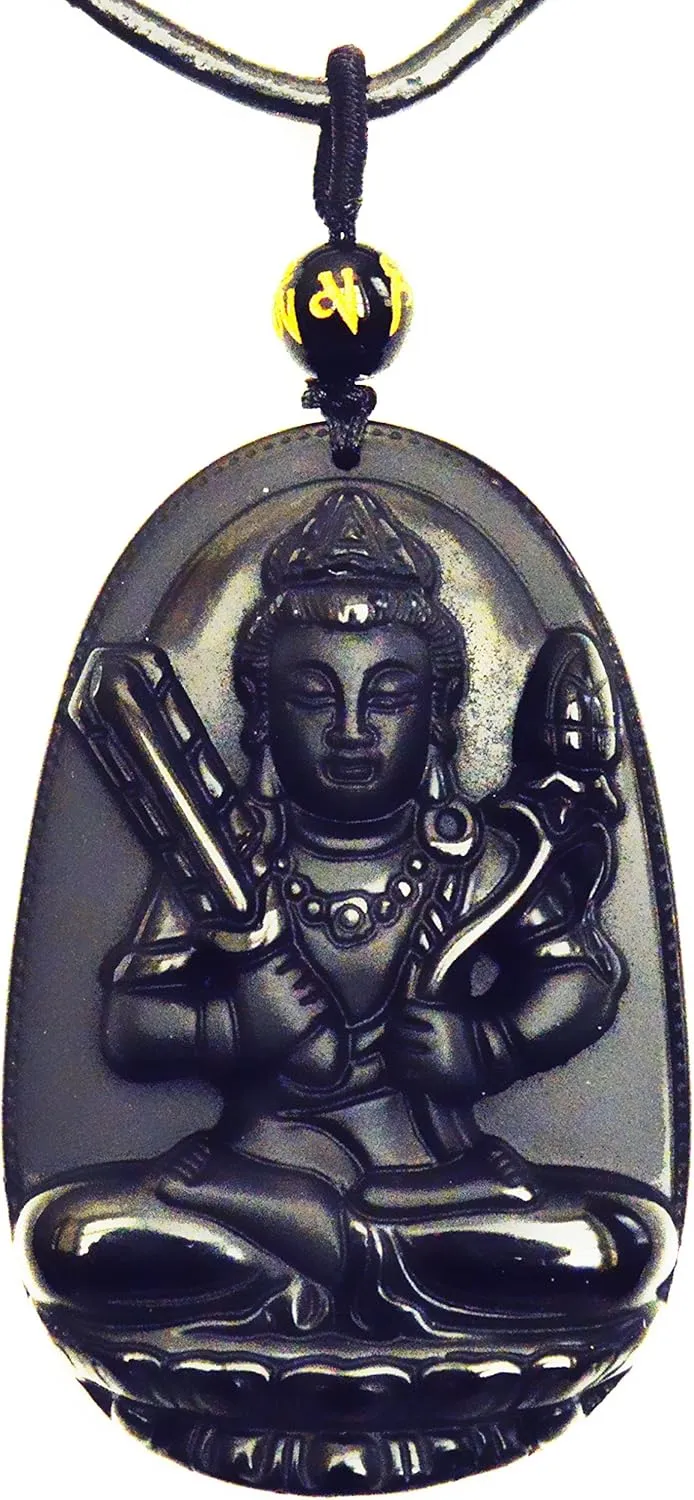 Buddha Pendant Necklace Bodhisattva Amulet Talisman Made of Obsidian Gemstone
