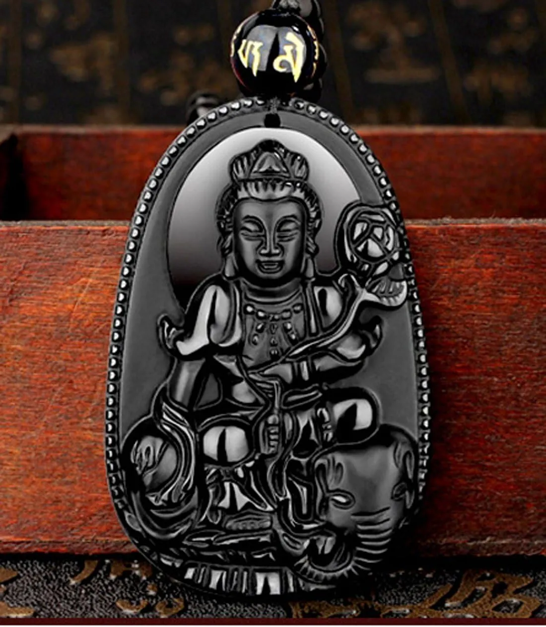 Buddha Pendant Necklace Bodhisattva Amulet Talisman Made of Obsidian Gemstone