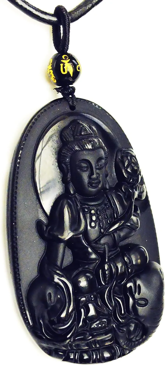 Buddha Pendant Necklace Bodhisattva Amulet Talisman Made of Obsidian Gemstone