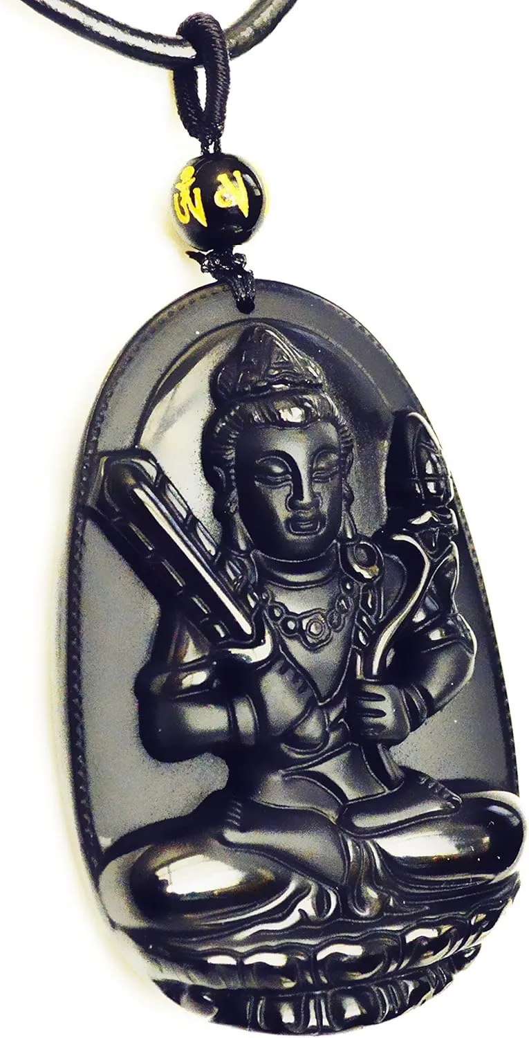 Buddha Pendant Necklace Bodhisattva Amulet Talisman Made of Obsidian Gemstone