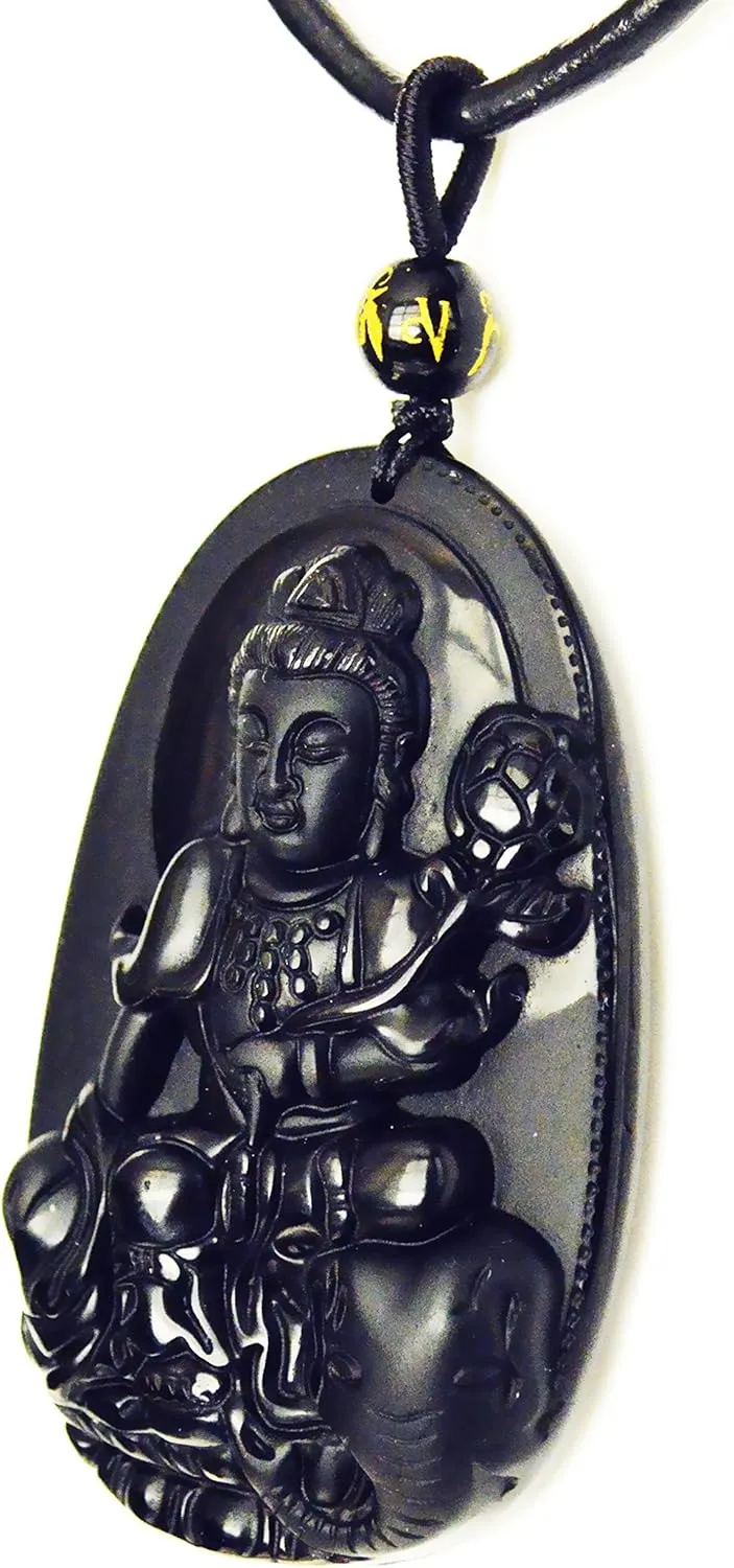 Buddha Pendant Necklace Bodhisattva Amulet Talisman Made of Obsidian Gemstone