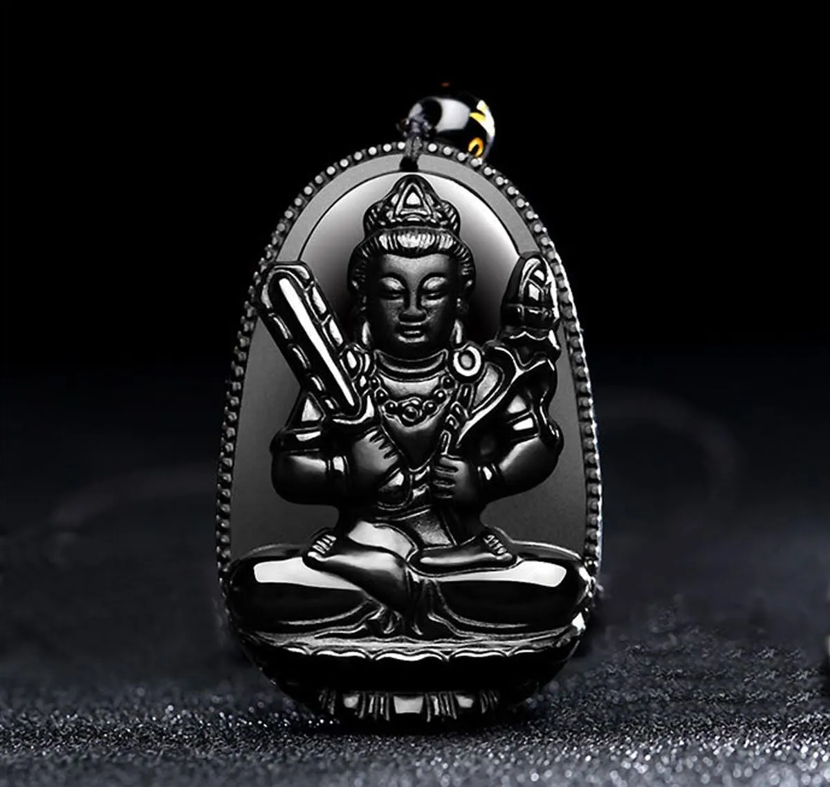Buddha Pendant Necklace Bodhisattva Amulet Talisman Made of Obsidian Gemstone
