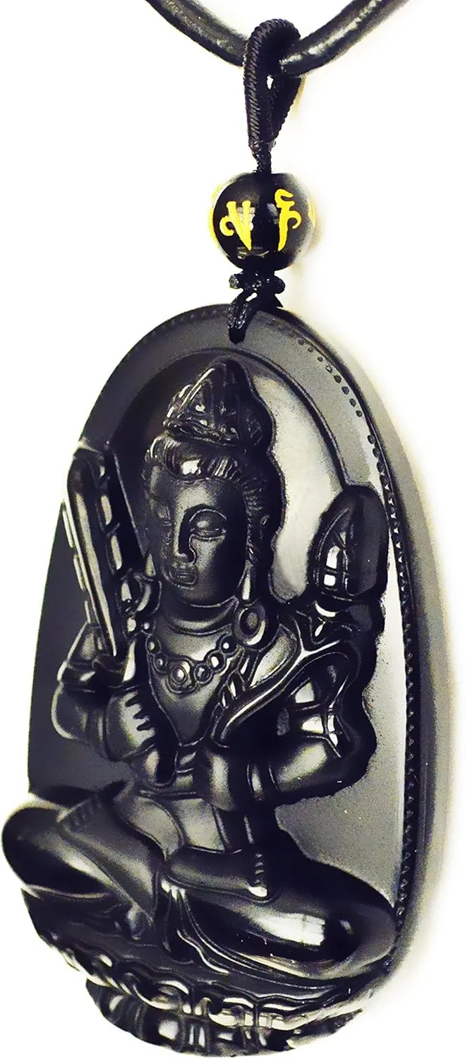 Buddha Pendant Necklace Bodhisattva Amulet Talisman Made of Obsidian Gemstone
