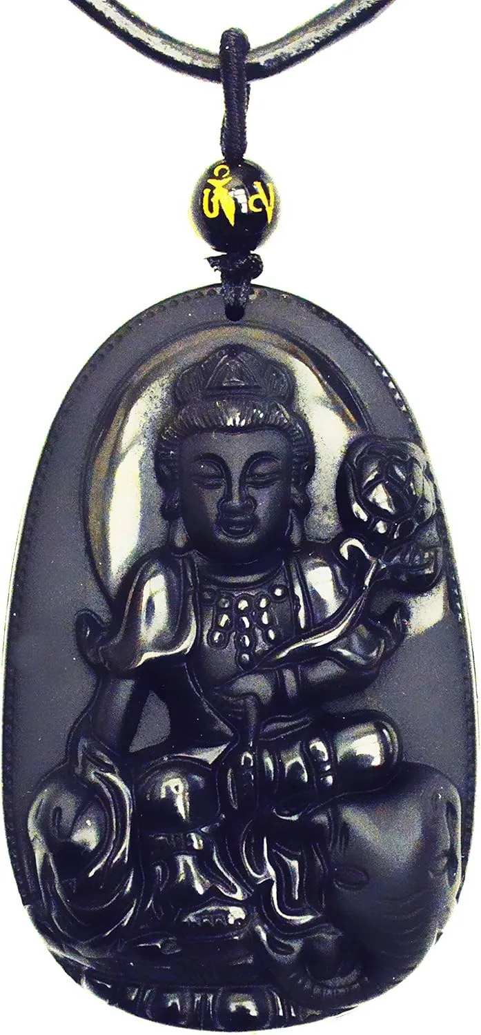 Buddha Pendant Necklace Bodhisattva Amulet Talisman Made of Obsidian Gemstone