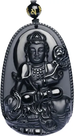 Buddha Pendant Necklace Bodhisattva Amulet Talisman Made of Obsidian Gemstone