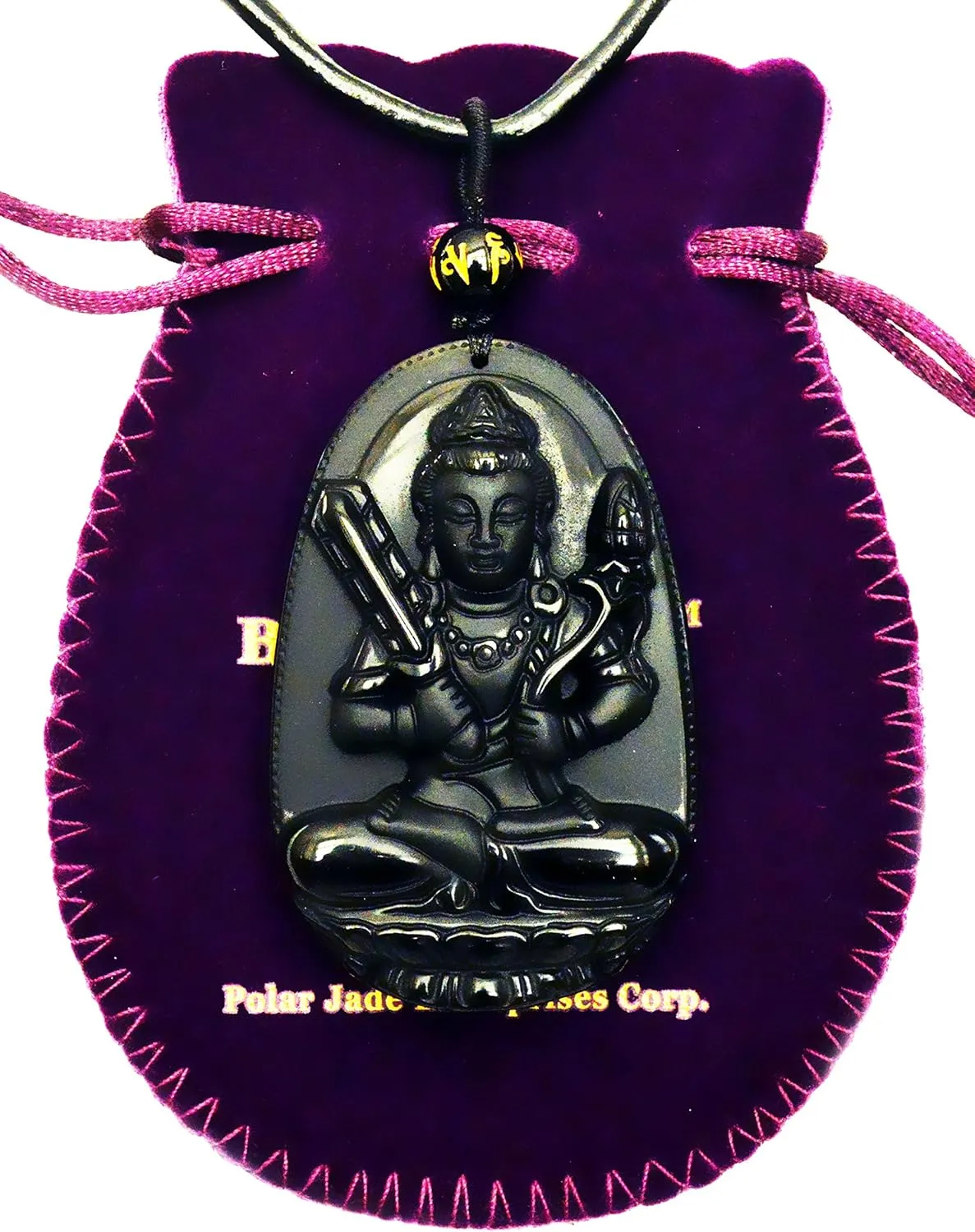 Buddha Pendant Necklace Bodhisattva Amulet Talisman Made of Obsidian Gemstone