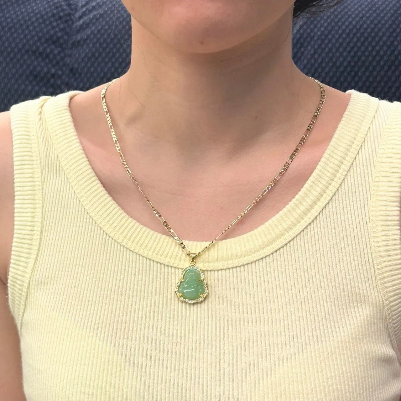 Buddha Pendant Necklace for Women Men 18K Gold Plated Zircon Inlay Multi-color Buddha Head for Protection 3MM Flat Figaro Necklace Chain