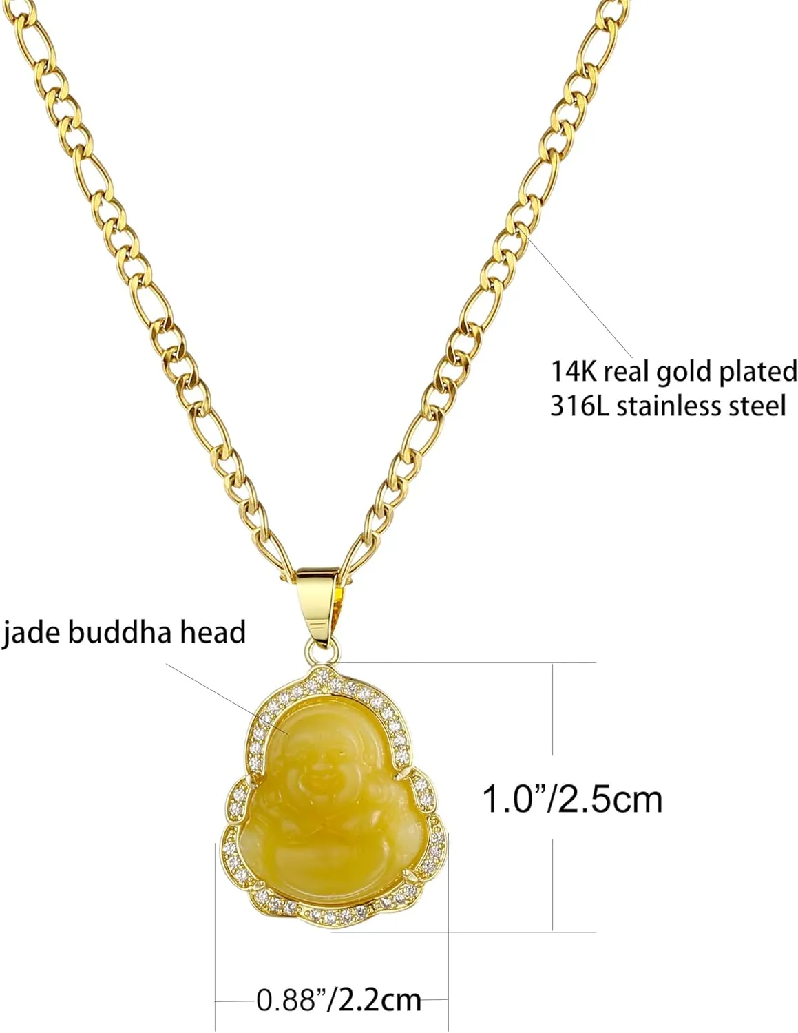 Buddha Pendant Necklace for Women Men 18K Gold Plated Zircon Inlay Multi-color Buddha Head for Protection 3MM Flat Figaro Necklace Chain