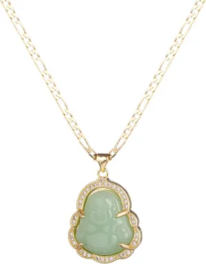 Buddha Pendant Necklace for Women Men 18K Gold Plated Zircon Inlay Multi-color Buddha Head for Protection 3MM Flat Figaro Necklace Chain
