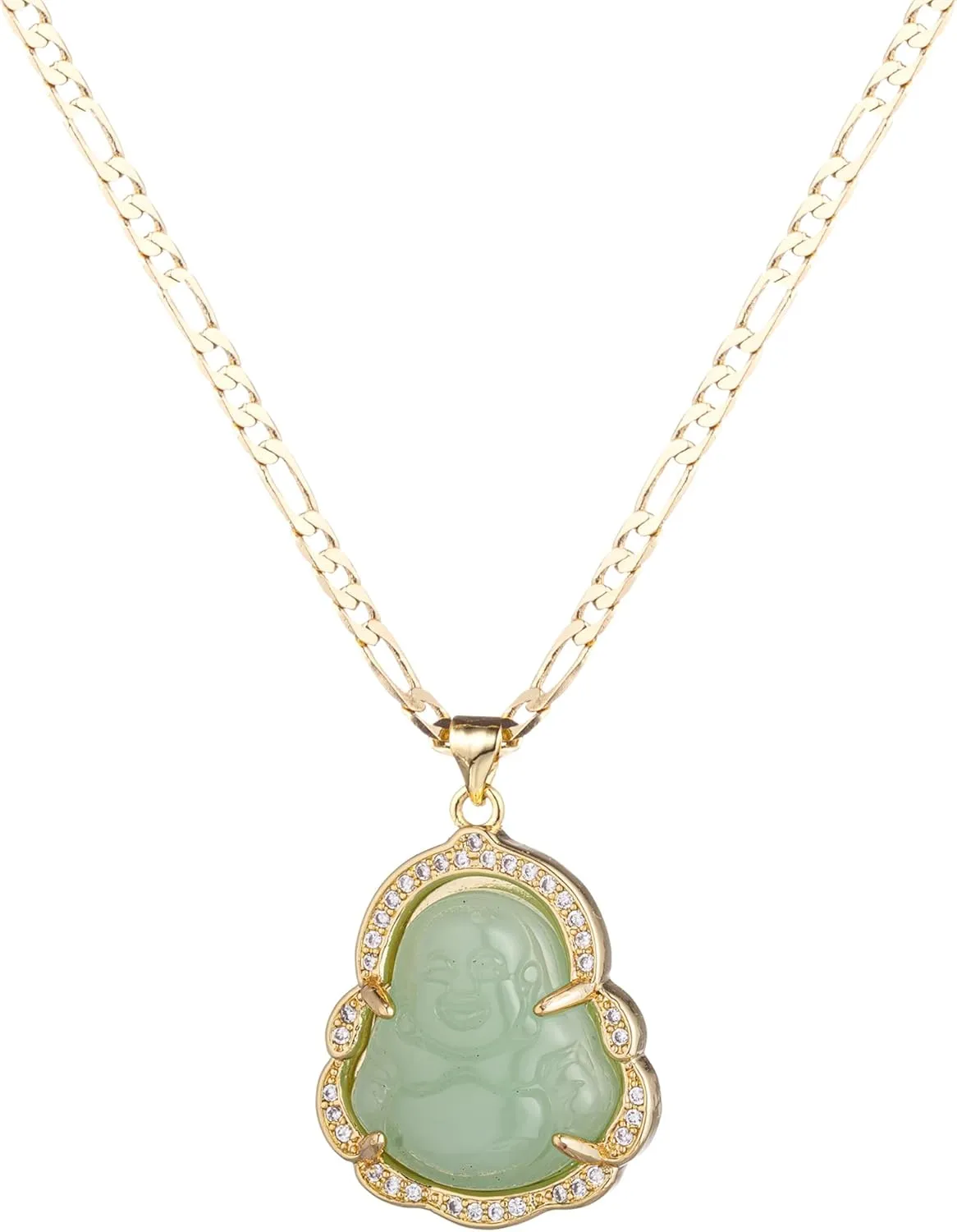 Buddha Pendant Necklace for Women Men 18K Gold Plated Zircon Inlay Multi-color Buddha Head for Protection 3MM Flat Figaro Necklace Chain