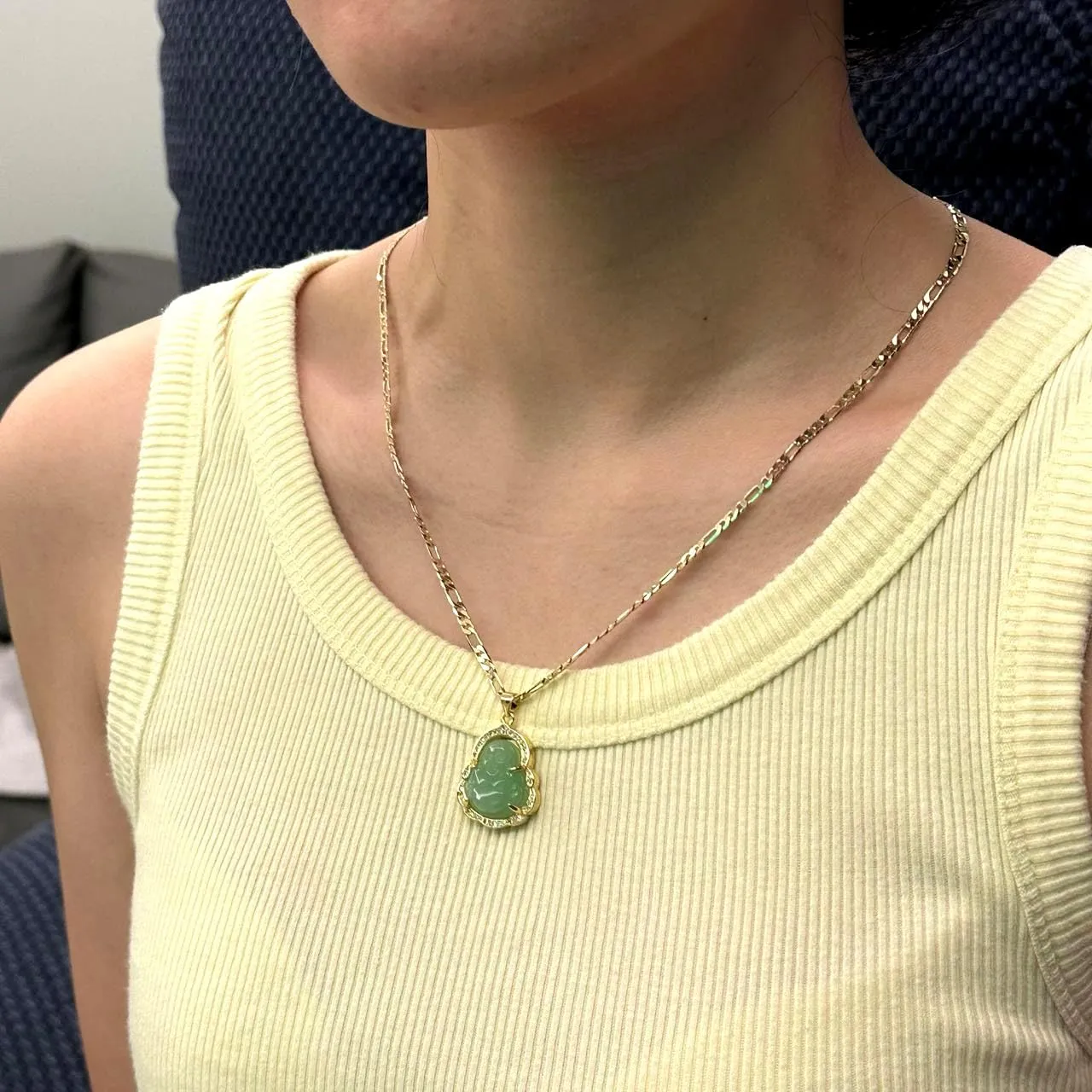 Buddha Pendant Necklace for Women Men 18K Gold Plated Zircon Inlay Multi-color Buddha Head for Protection 3MM Flat Figaro Necklace Chain