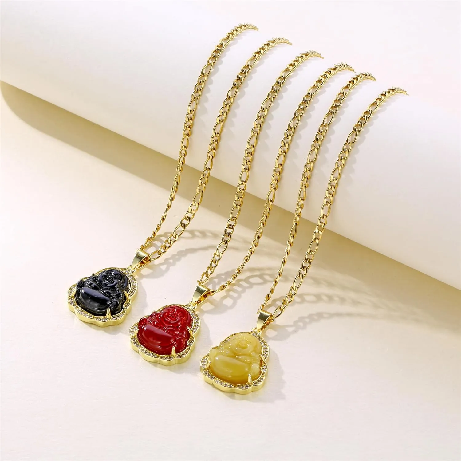 Buddha Pendant Necklace for Women Men 18K Gold Plated Zircon Inlay Multi-color Buddha Head for Protection 3MM Flat Figaro Necklace Chain