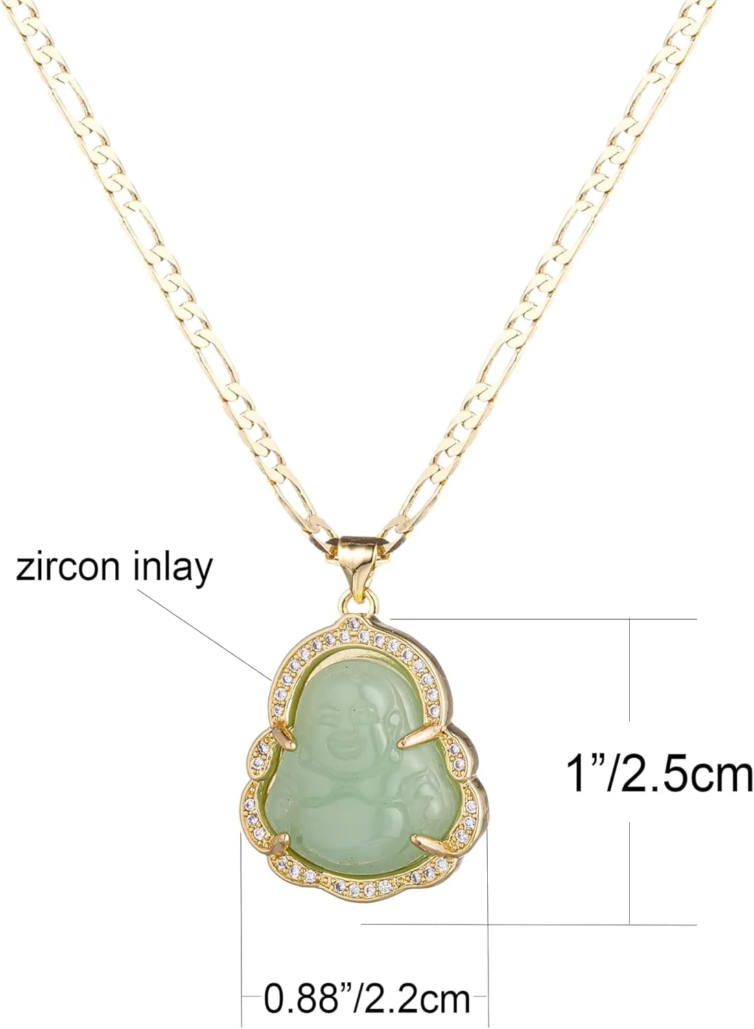 Buddha Pendant Necklace for Women Men 18K Gold Plated Zircon Inlay Multi-color Buddha Head for Protection 3MM Flat Figaro Necklace Chain