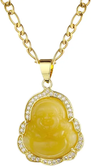 Buddha Pendant Necklace for Women Men 18K Gold Plated Zircon Inlay Multi-color Buddha Head for Protection 3MM Flat Figaro Necklace Chain