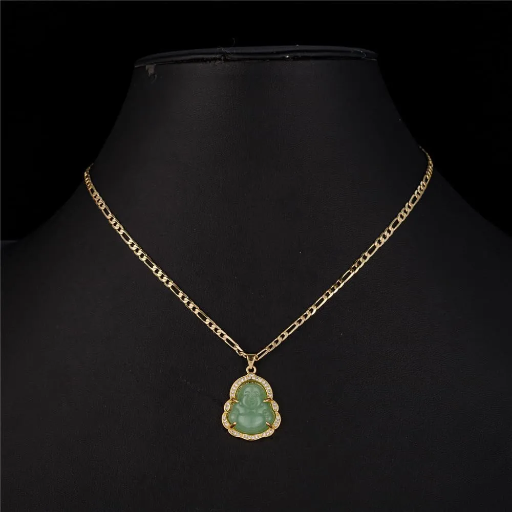 Buddha Pendant Necklace for Women Men 18K Gold Plated Zircon Inlay Multi-color Buddha Head for Protection 3MM Flat Figaro Necklace Chain