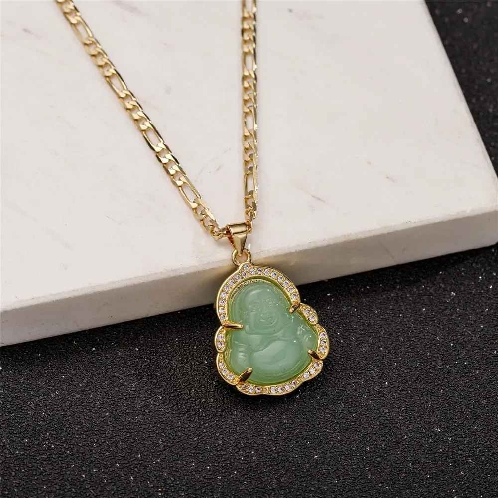 Buddha Pendant Necklace for Women Men 18K Gold Plated Zircon Inlay Multi-color Buddha Head for Protection 3MM Flat Figaro Necklace Chain