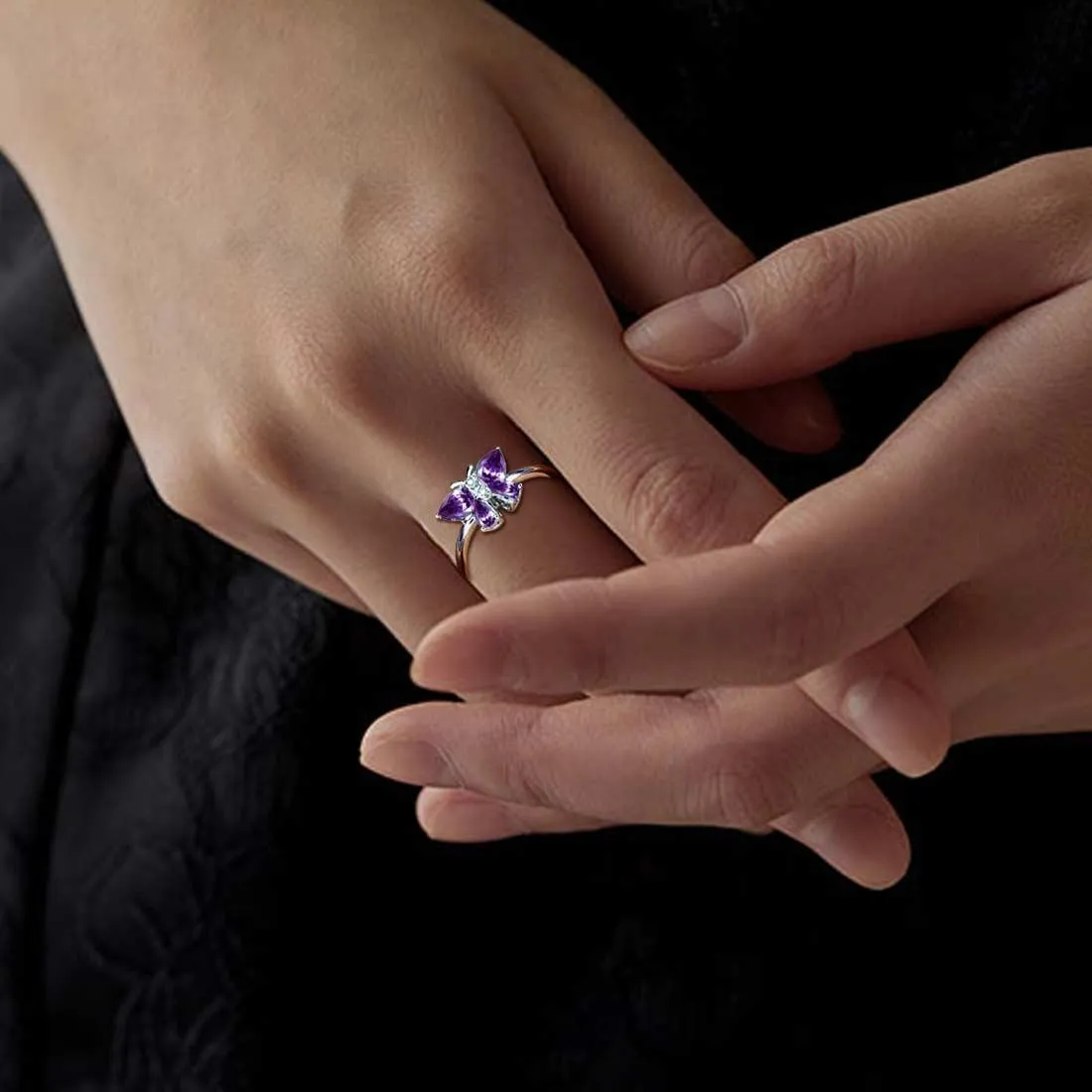 Butterfly Ring Band Birthstone February Amethyst Women Girls Jewelry Birthday Gift