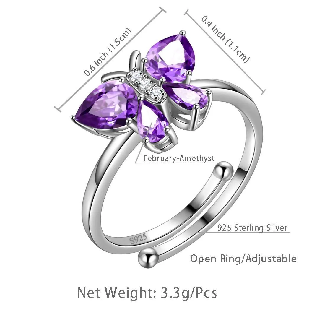 Butterfly Ring Band Birthstone February Amethyst Women Girls Jewelry Birthday Gift