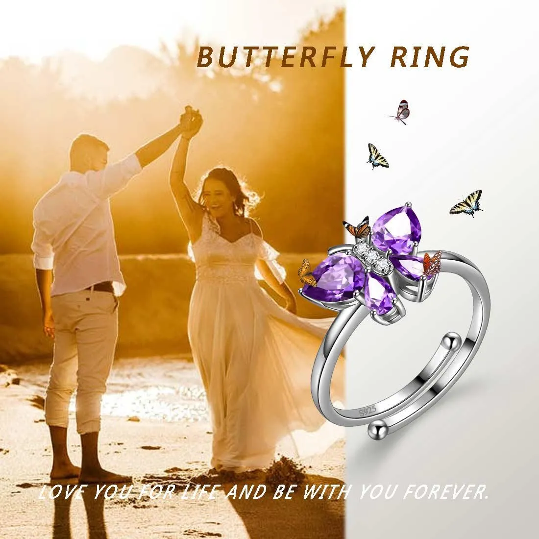 Butterfly Ring Band Birthstone February Amethyst Women Girls Jewelry Birthday Gift