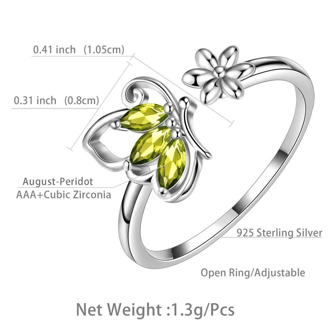 Butterfly Ring Open Birthstone August Peridot Women Girls Jewelry Birthday Gift