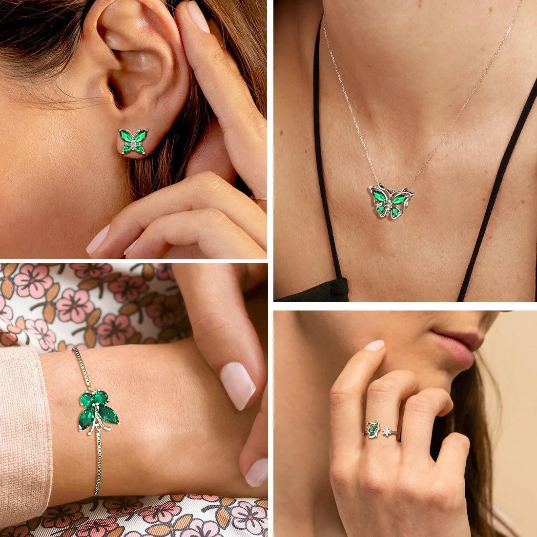 Butterfly Ring Open Birthstone May Emerald Women Girls Jewelry Birthday Gift