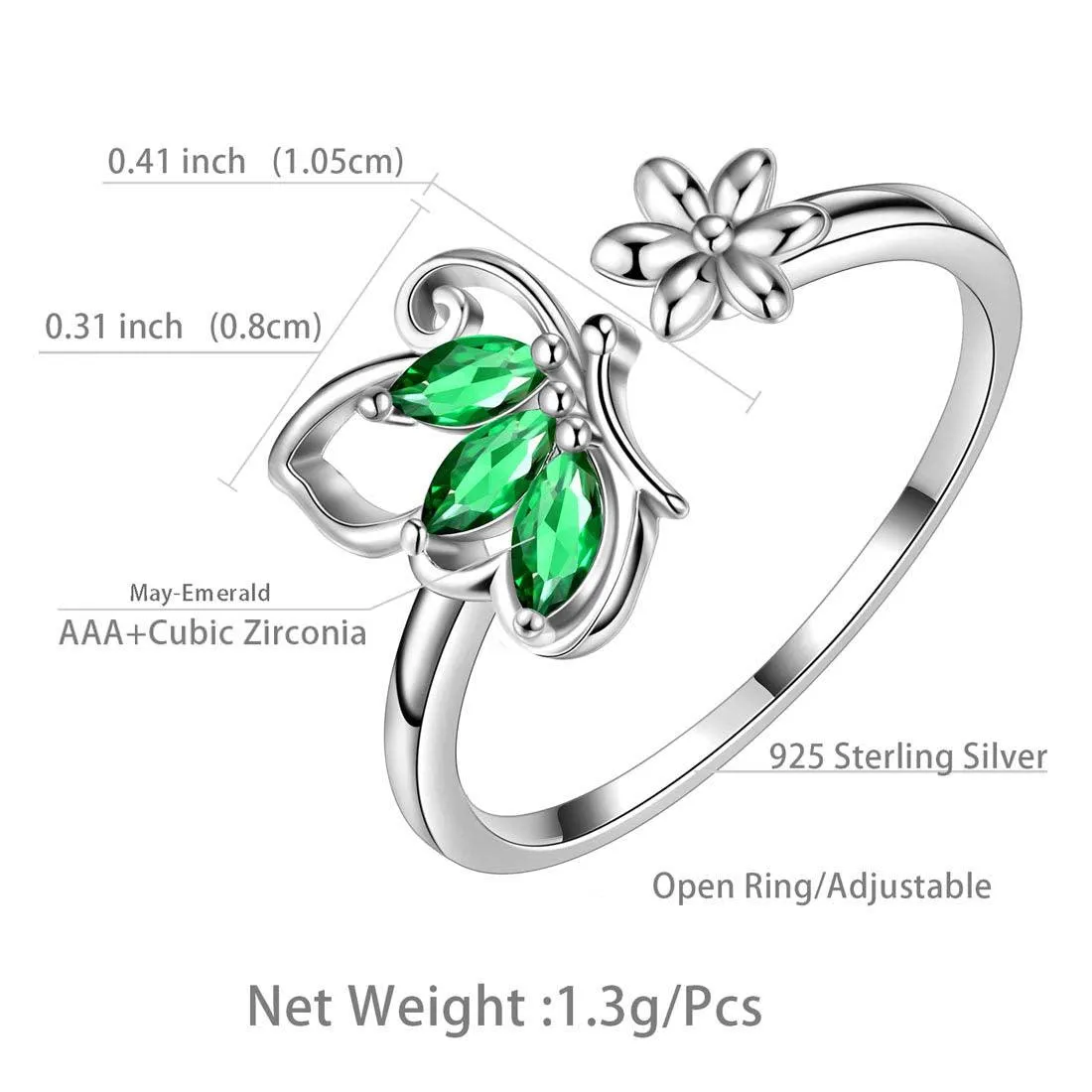 Butterfly Ring Open Birthstone May Emerald Women Girls Jewelry Birthday Gift