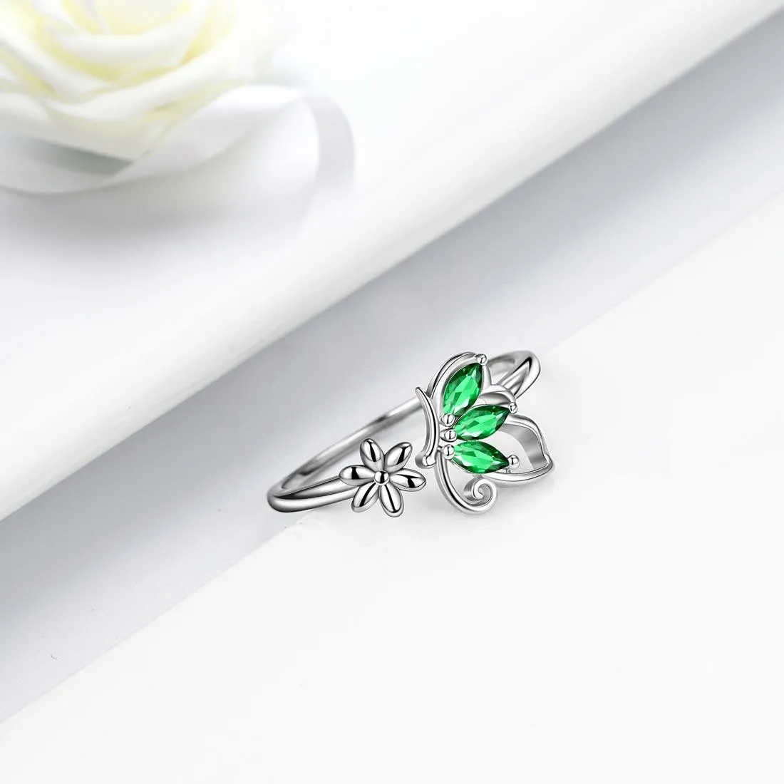 Butterfly Ring Open Birthstone May Emerald Women Girls Jewelry Birthday Gift