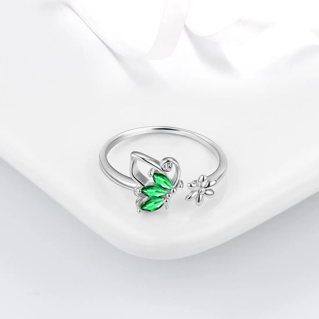 Butterfly Ring Open Birthstone May Emerald Women Girls Jewelry Birthday Gift