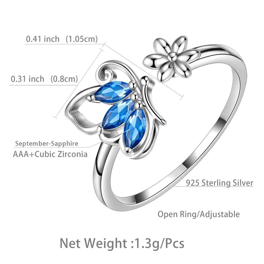 Butterfly Ring Open Birthstone September Sapphire Women Girls Jewelry Birthday Gift