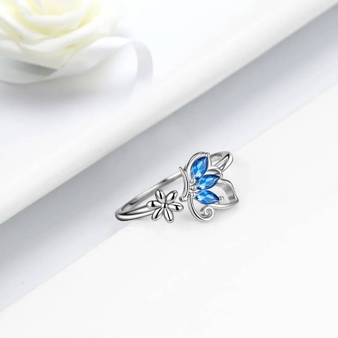 Butterfly Ring Open Birthstone September Sapphire Women Girls Jewelry Birthday Gift