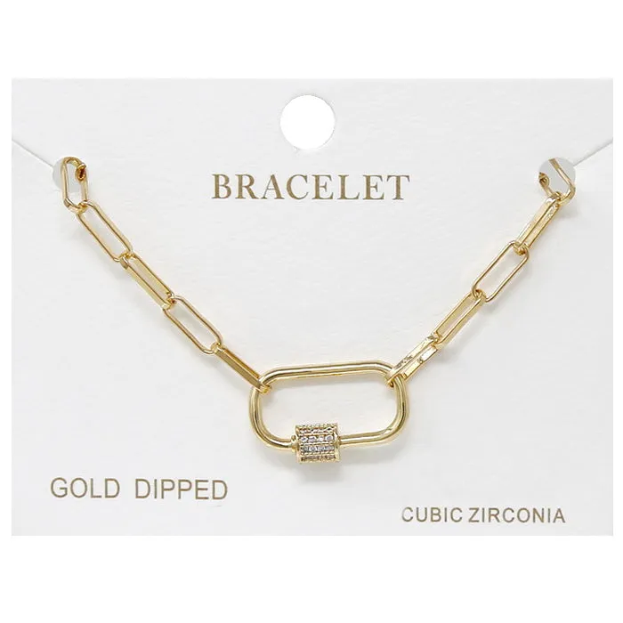 Carabiner Lock CZ Pave Charm Linked Chain Bracelet