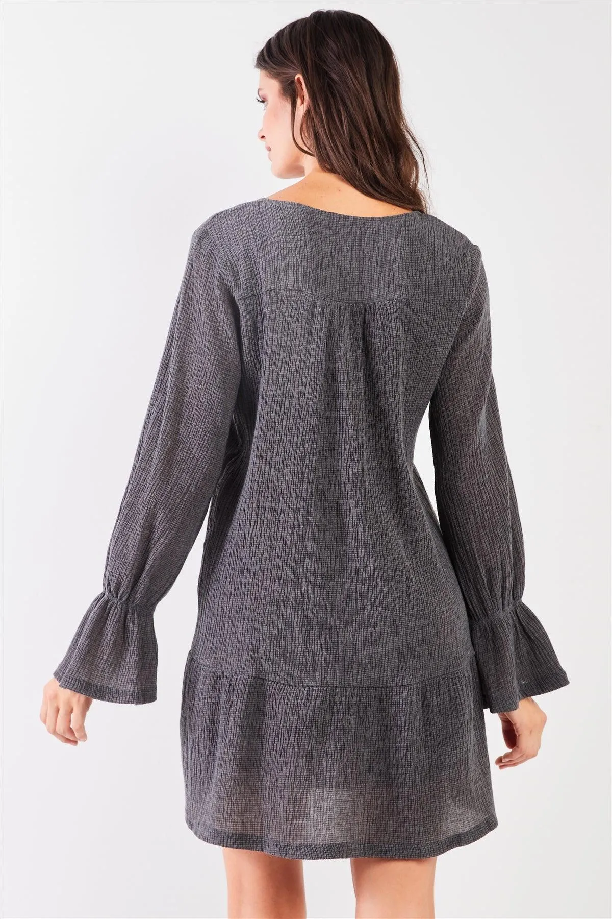 Charcoal Plunging V-Neck High-Waist Long Flare Sleeve Mini Dress /2-2-2