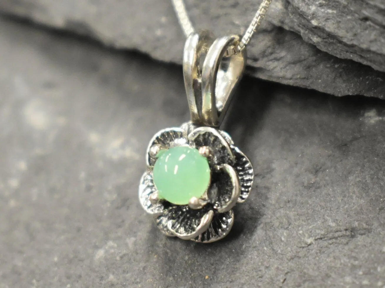 Chrysoprase Necklace - Dainty Green Pendant - Vintage Rose Necklace