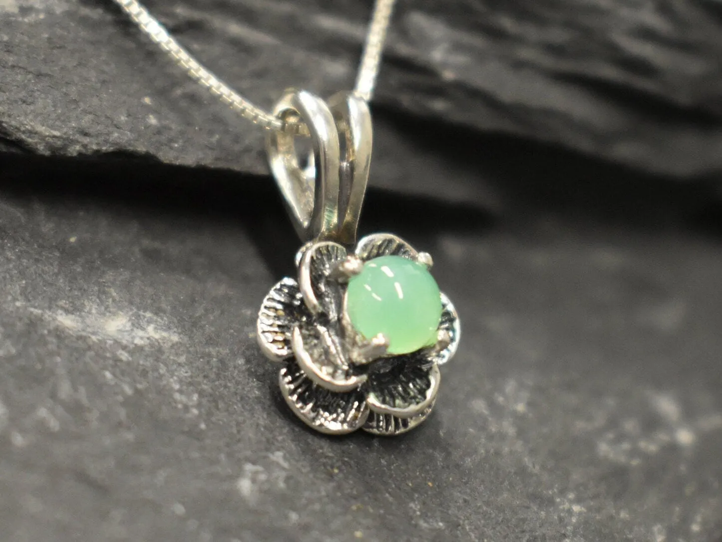 Chrysoprase Necklace - Dainty Green Pendant - Vintage Rose Necklace