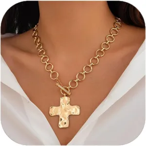 Chunky Cross Pendant Necklace Gold Cross Statement Necklace Chunky Chain Necklaces Vintage Gold Layered Necklaces for Women Men Jewelry