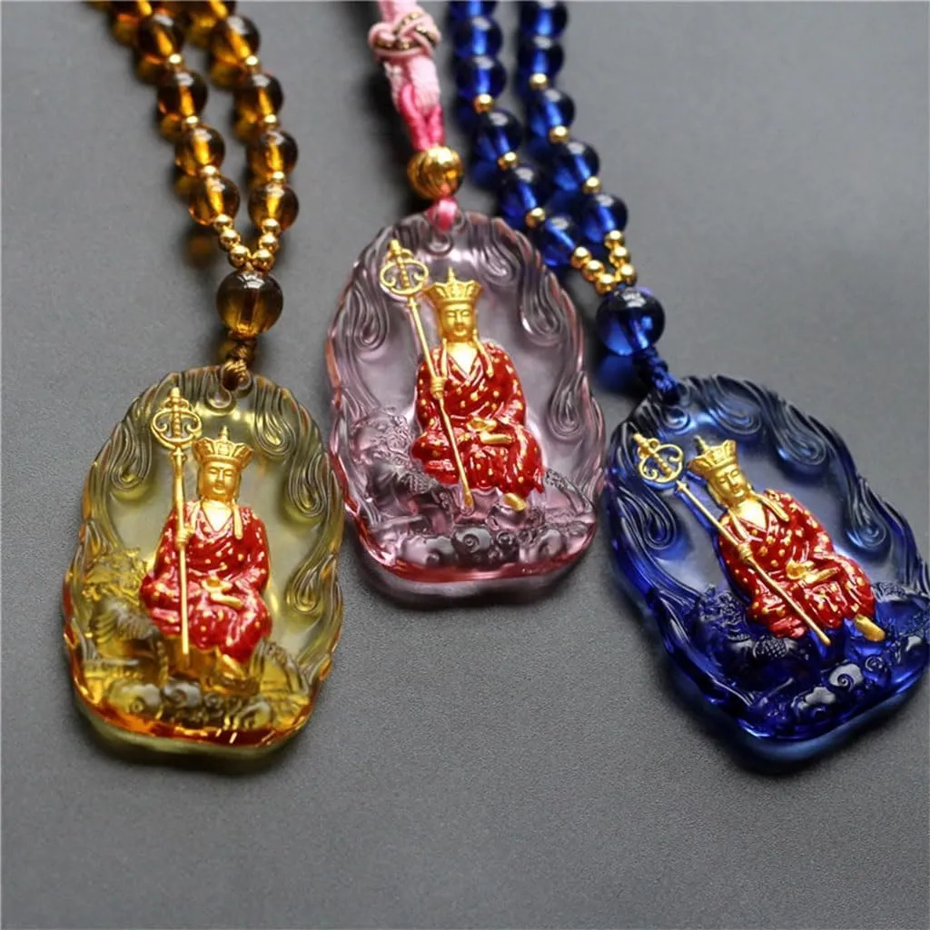 CKSEKD Buddha Statue Glass Necklace, Ksitigarbha Bodhisattva Sitting Statue Pendant Necklace, Talisman Accessory