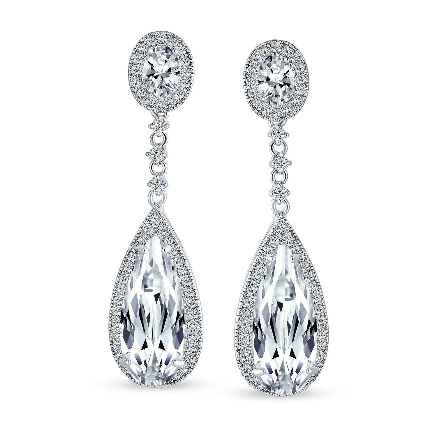 Classic Art Deco CZ Dangle Chandelier Earrings for Bridal Party Prom Silver