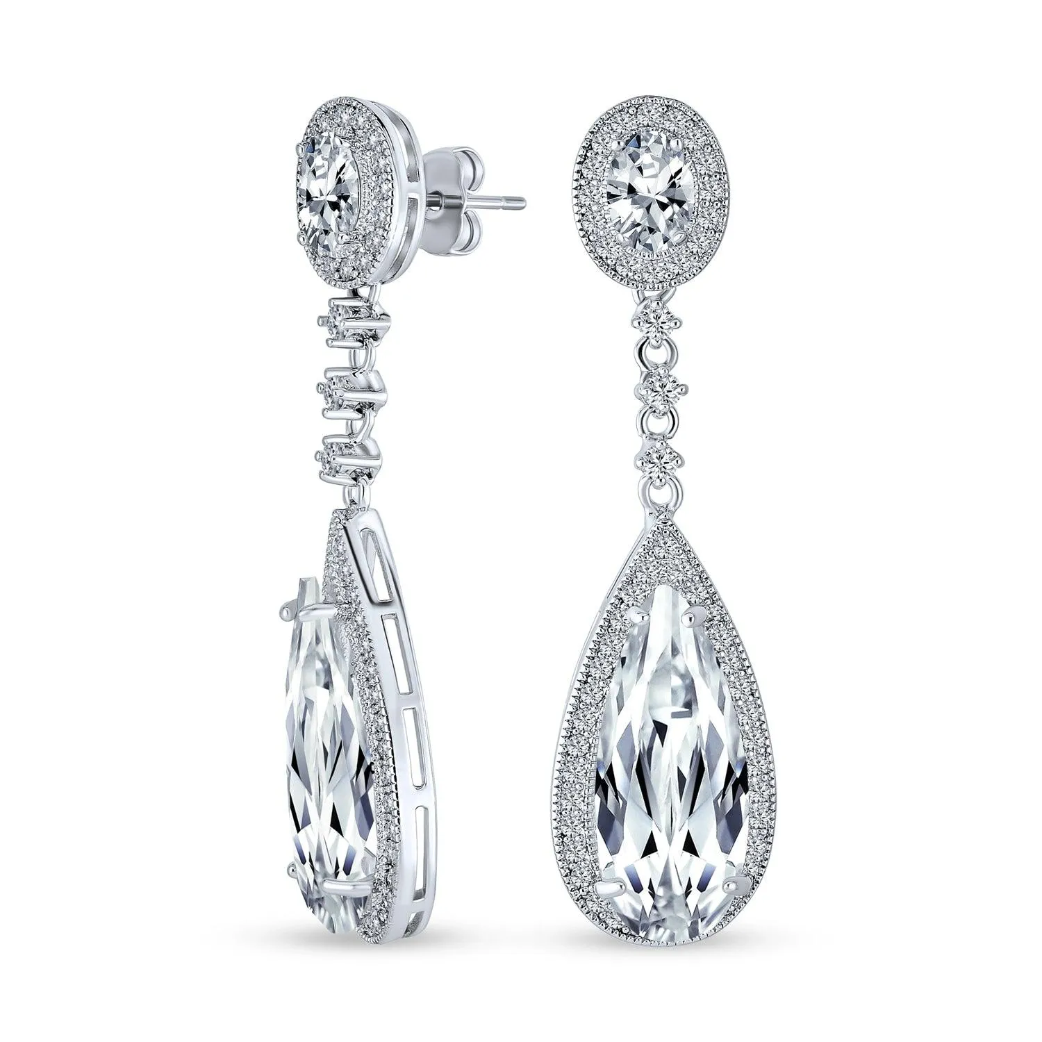 Classic Art Deco CZ Dangle Chandelier Earrings for Bridal Party Prom Silver