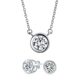 Classic Cubic Zirconia 2CT Round CZ Bezel Set Pendant Necklace Sterling Silver