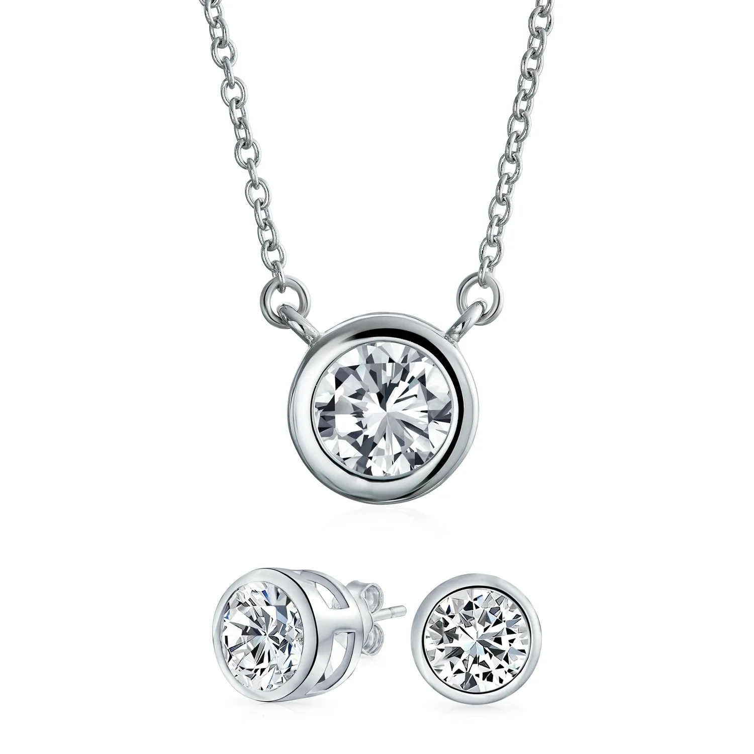 Classic Cubic Zirconia 2CT Round CZ Bezel Set Pendant Necklace Sterling Silver