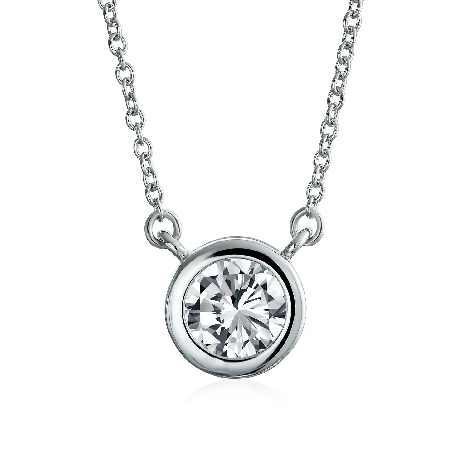 Classic Cubic Zirconia 2CT Round CZ Bezel Set Pendant Necklace Sterling Silver