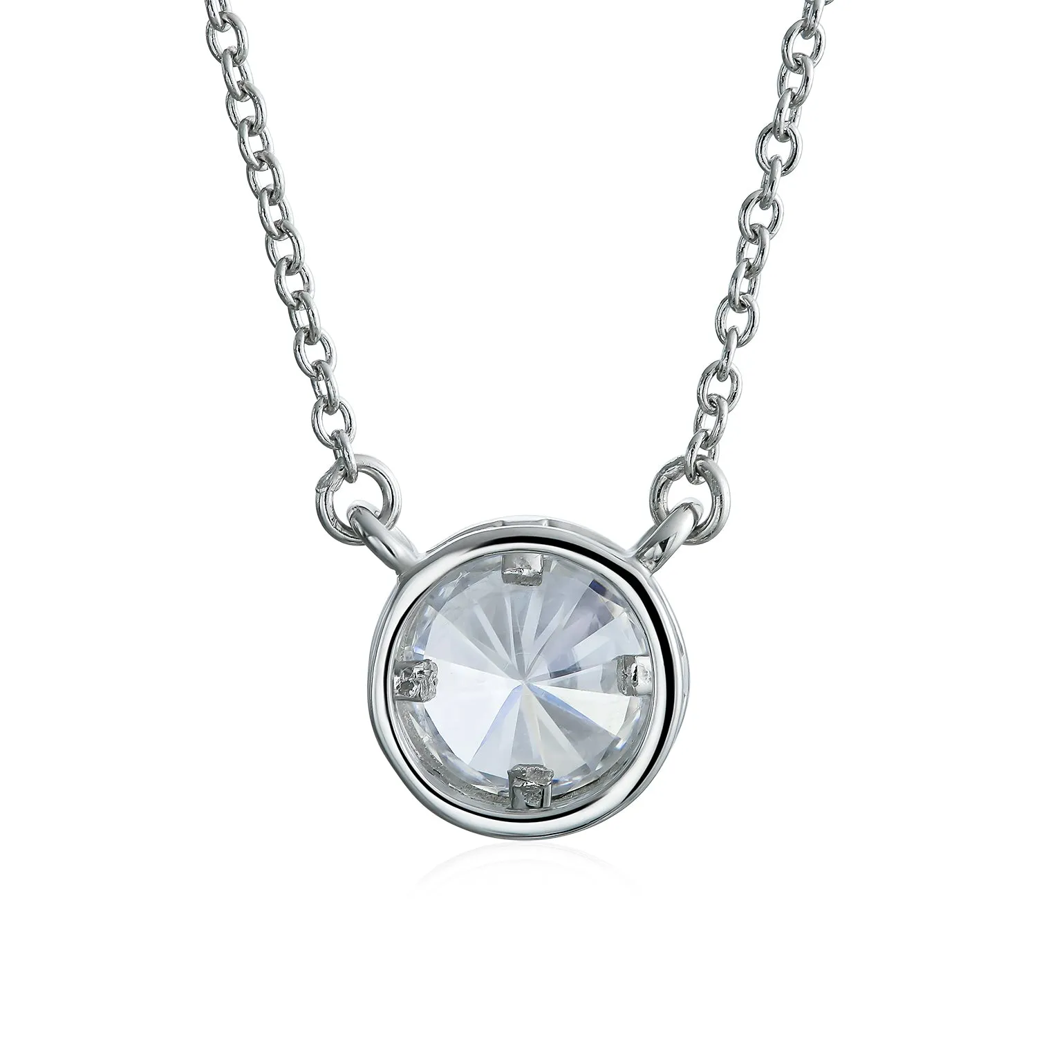 Classic Cubic Zirconia 2CT Round CZ Bezel Set Pendant Necklace Sterling Silver