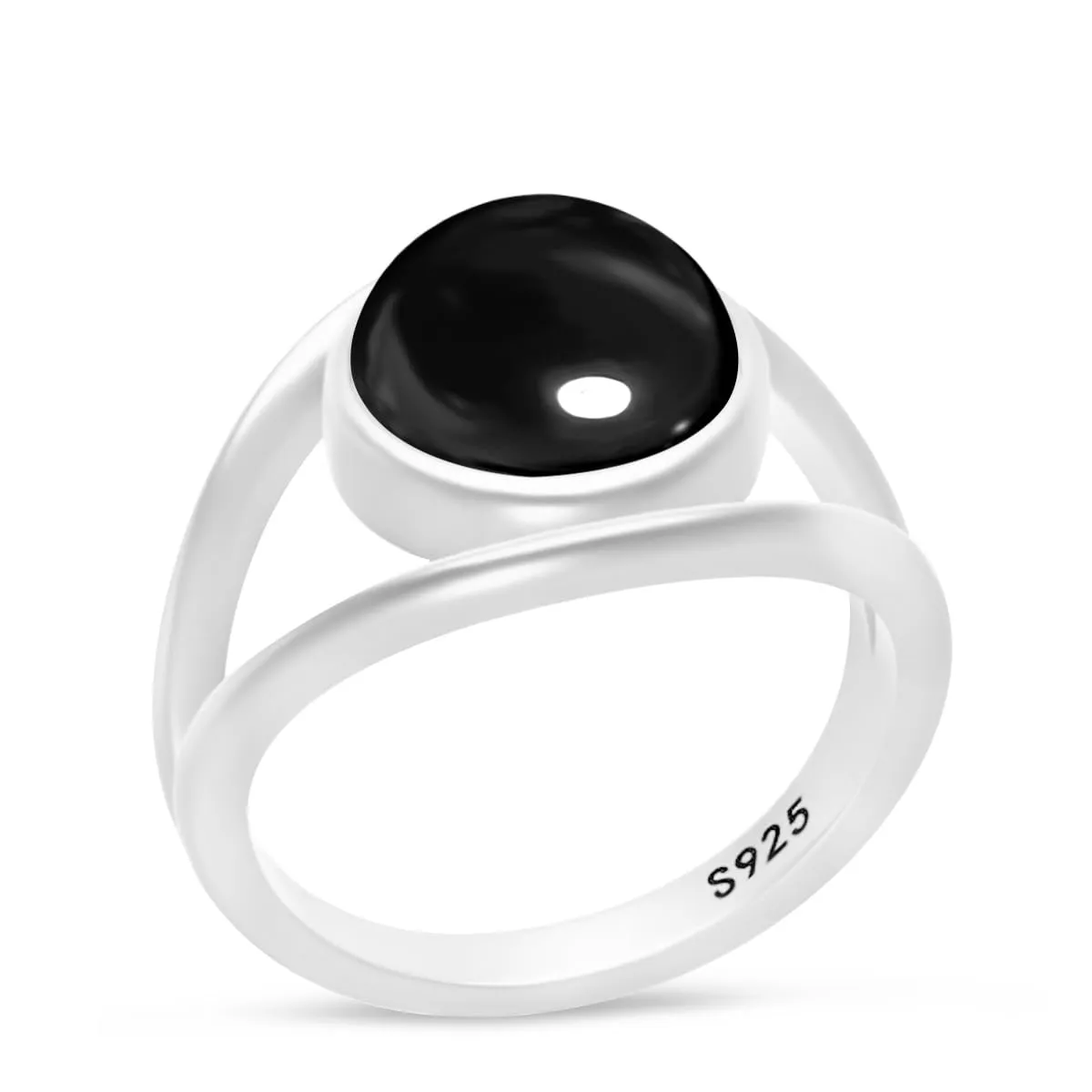 Classic Simple Plain Round Natural Black Agate Stone Ring,925 Sterling Silver Real Quartz Crystal Gemstone Statement Ring for Women Her (A13_Black Agate, 6)