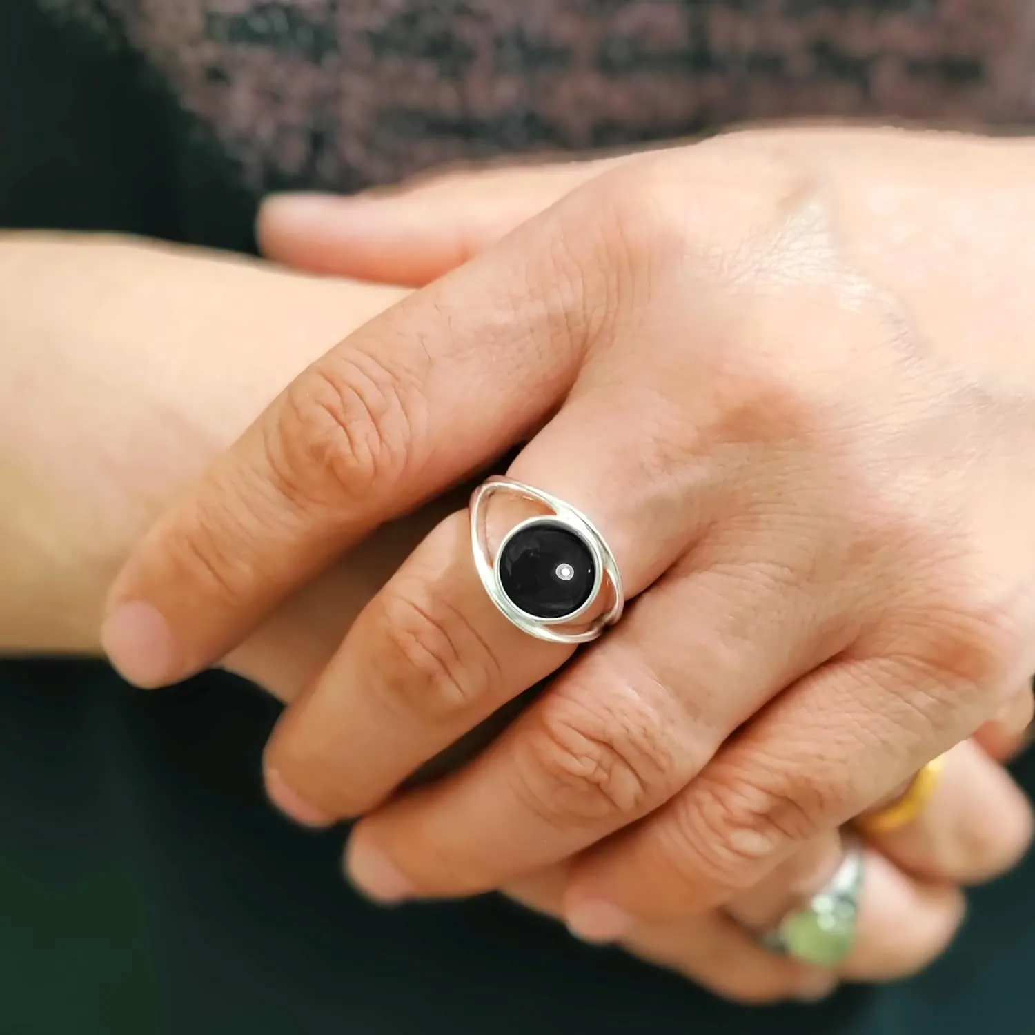 Classic Simple Plain Round Natural Black Agate Stone Ring,925 Sterling Silver Real Quartz Crystal Gemstone Statement Ring for Women Her (A13_Black Agate, 6)