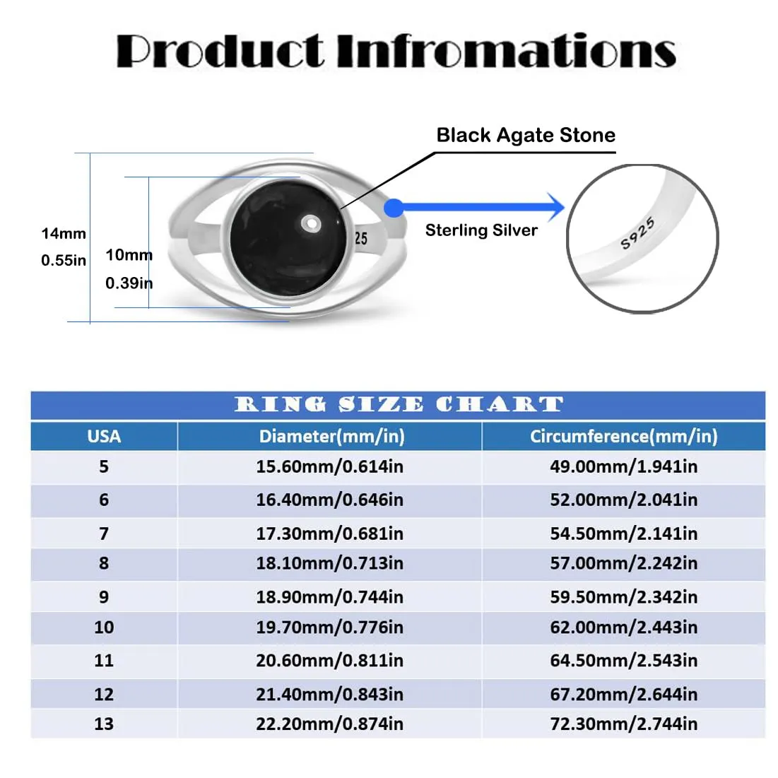 Classic Simple Plain Round Natural Black Agate Stone Ring,925 Sterling Silver Real Quartz Crystal Gemstone Statement Ring for Women Her (A13_Black Agate, 6)